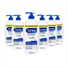 Sanex Expert Skin Health Head to Toe Kids? Body Wash 720ml x4 - protects delicate skin - children?s shower gel - gently cleanses - 12h hydration -