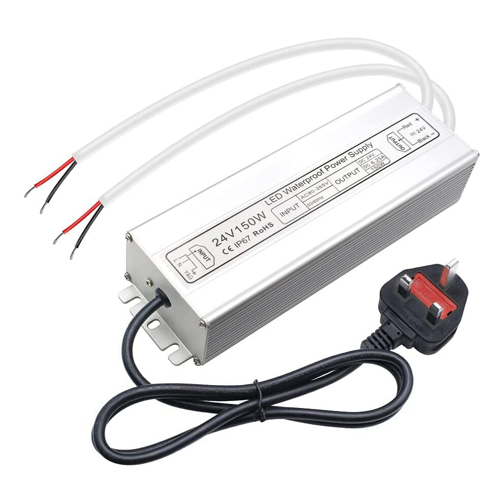 Inshareplus Led Power Supply, 24V 150W Ip67 Waterproof Outdoor Driver, Ac 80-265V To Dc 24V 6.25A Low Voltage Transformer, Adapter With 3-Prong Plug 8000002667401