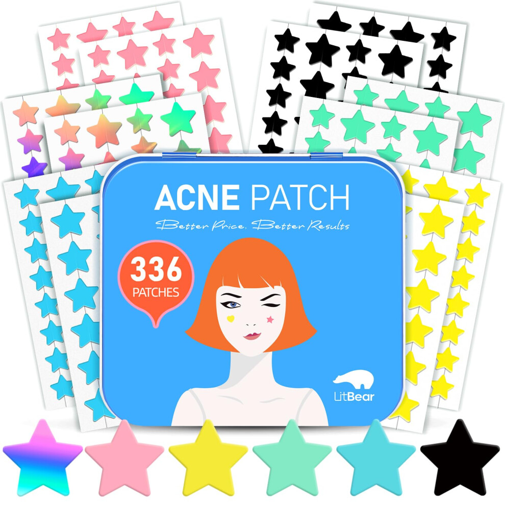Litbear Acne Pimple Patch, 6 Colors 336 Dots Star Pimple Patches With Case, Tea Tree Oil & Centella Oil, Hydrocolloid Acne Pimple Patches For Face