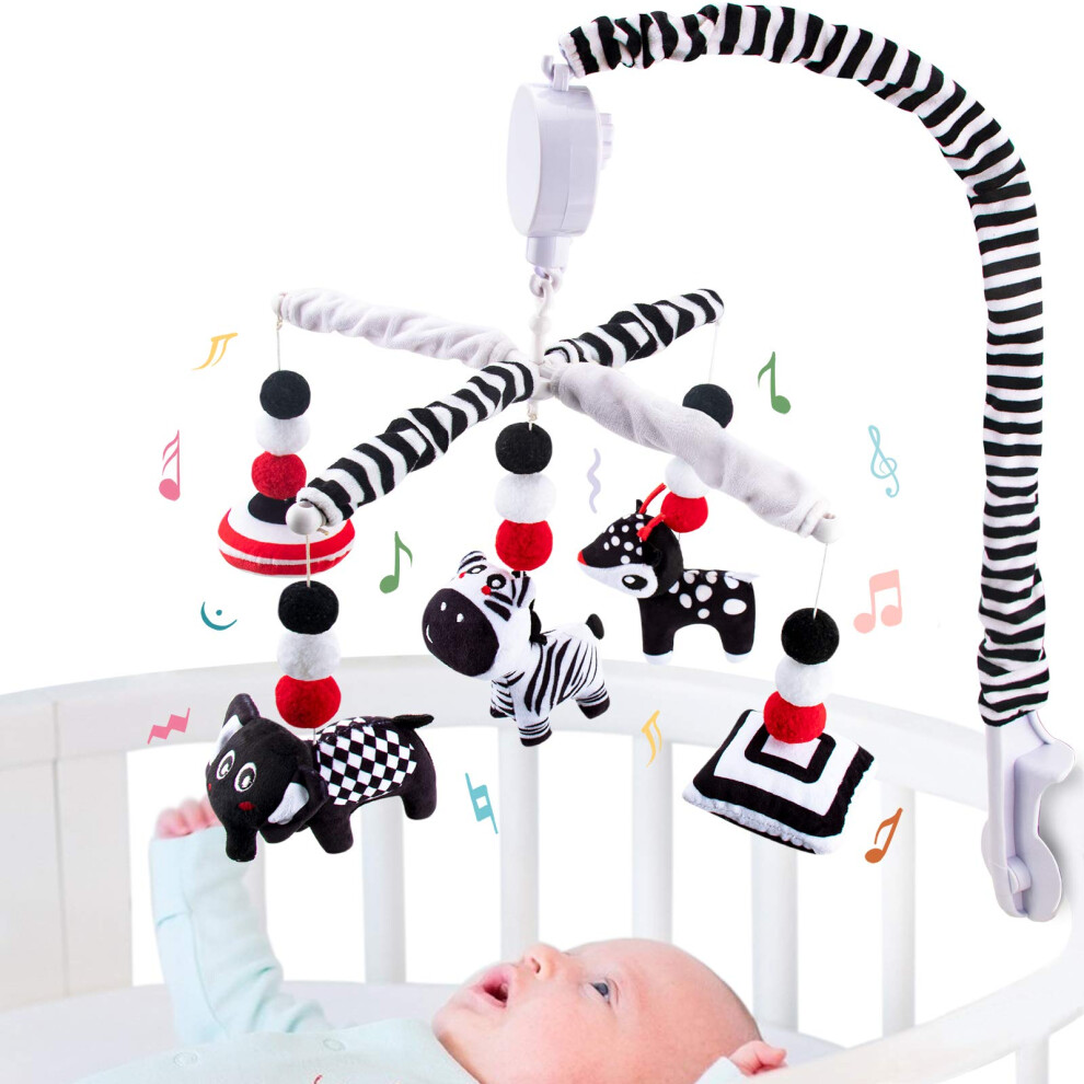& Mobile Baby Cot, Montessori Infant Mobile For Cot With Timing Function-High Contrast Musical Hanging Mobile Crib Toys, Baby Crib Black/White Teytoy