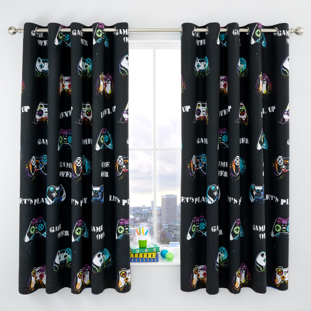 Catherine Lansfield Black Game Over 66X72 Inch Eyelet Curtains Two Panels