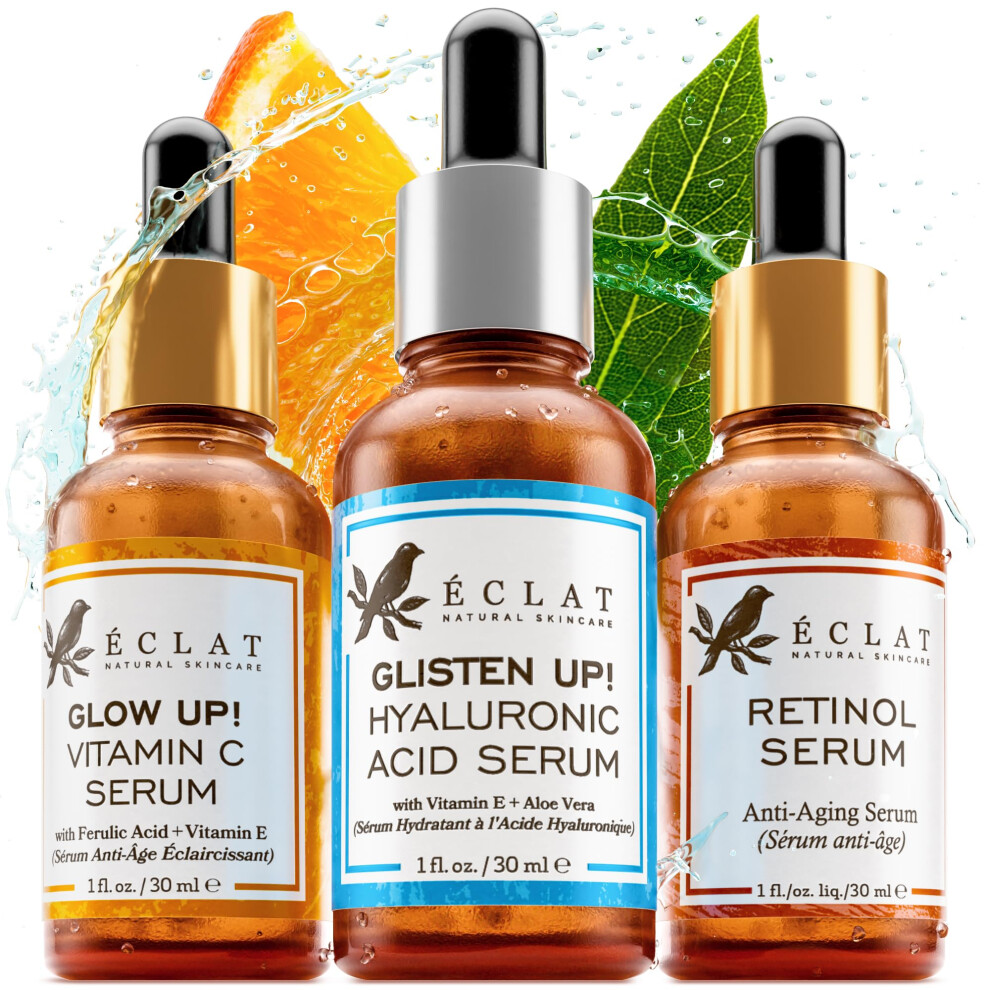 Eclat Skincare 3 Vitamin C Face Serum, Retinol Serum For Face, Hyaluronic Acid - Skincare Trio Anti Aging To Reduce Fine Lines & Wrinkles And Restore Skin Vibrance