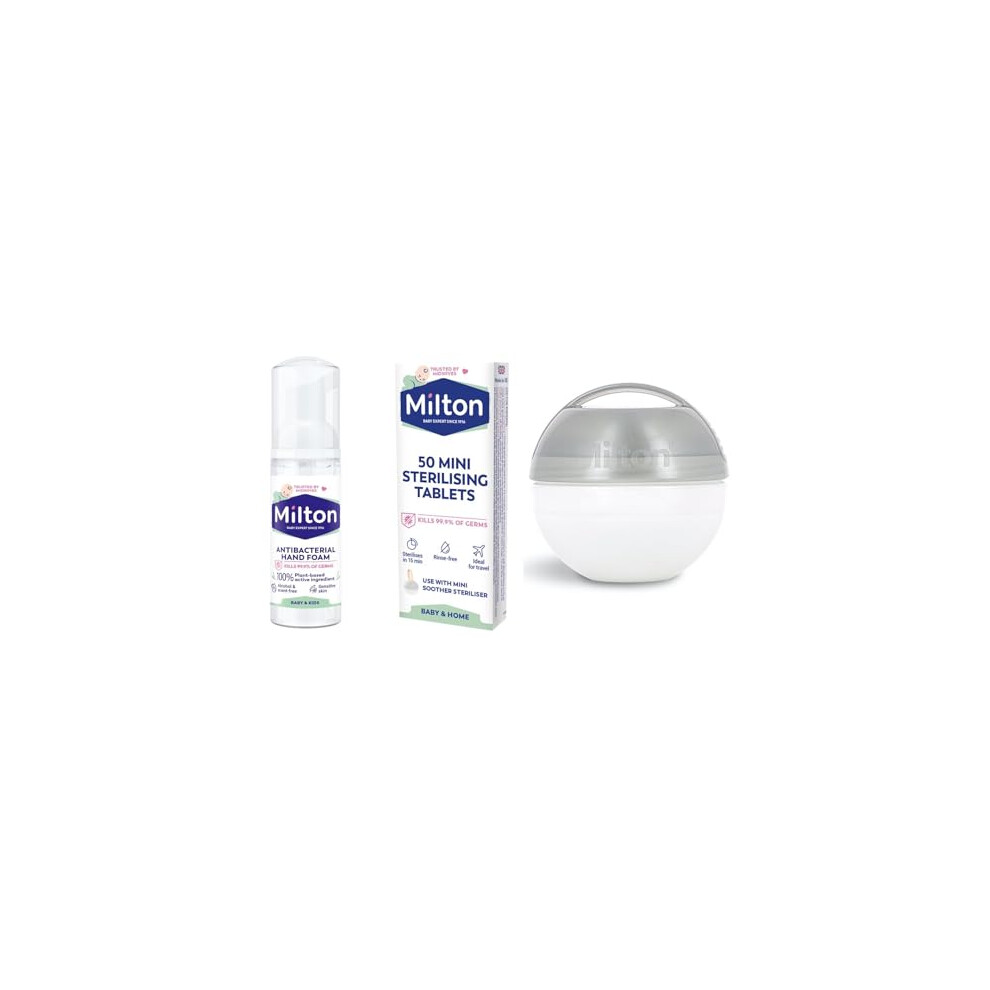 Milton Mini Soother Dummy Travel Steriliser, 50 Mini Sterilising Tablets & 50 Ml Hand Sanitiser. Out & About Bundle Grey Wnaldc
