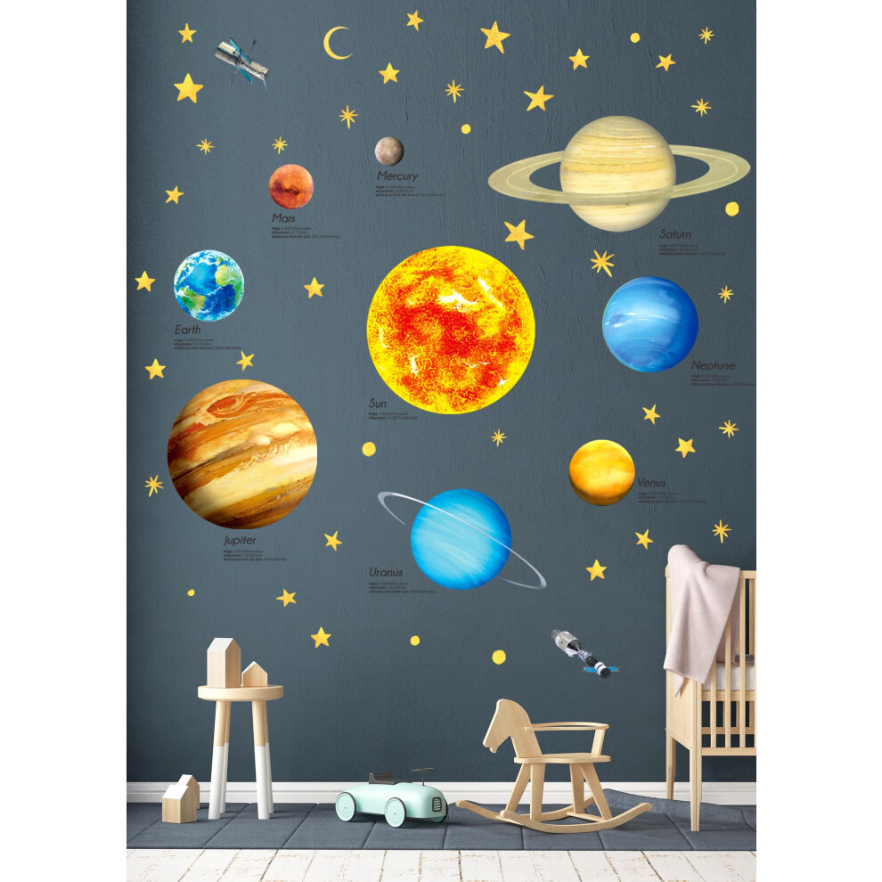 Decowall Boys Ds9-2007 Solar System Wall Stickers Planets Space Stars Decals Removable For Kids Girls Nursery Bedroom Living Room Art Decor Decoration
