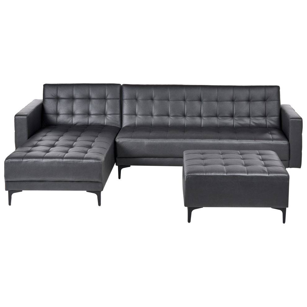 Modular Corner Sofa Bed 4 Seater ABERDEEN Faux Leather Black with Ottoman Right Hand