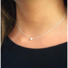 Choker Necklace with Round Disc Pendant, Sterling Silver Dainty Minimalist Jewelry Adjustable Chain Handmade Small Round Polka Dot Pearl Charm, Gift