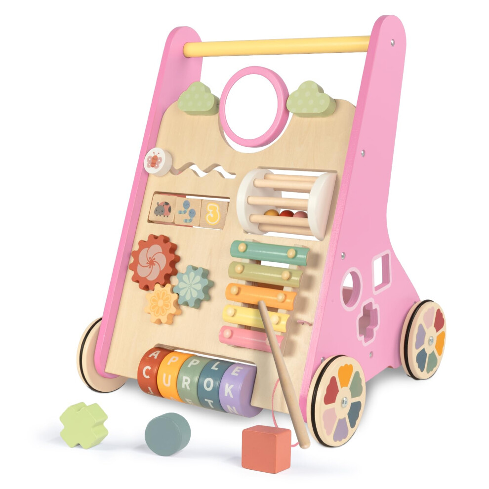 Wooden Baby Walker For 1 2 Year Olds, Toddler Push Along Walker With Blocks, Multiple Learning Toys Activity Center For Boys Girls Gift Age 12 Lol-Fun