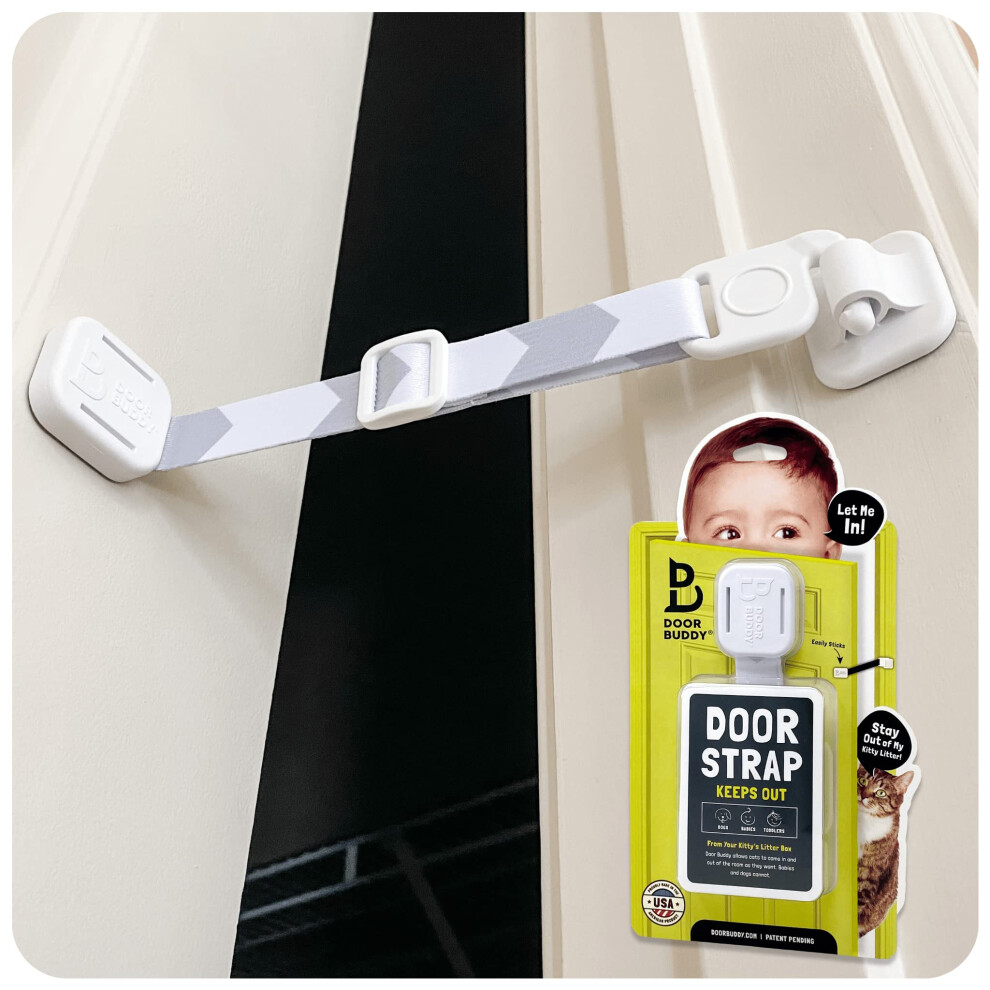 Baby Proof Door Latch For Cats - Adjustable Cat Door Strap Keeps Baby Out Of Cat Food & Litter Box. Simple Child Door Locks For Kids Grey Door Buddy