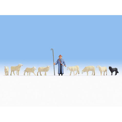Shepherd (1) Sheep (7) & Sheepdog (1) - OO/HO gauge figures Noch 15748 - F1