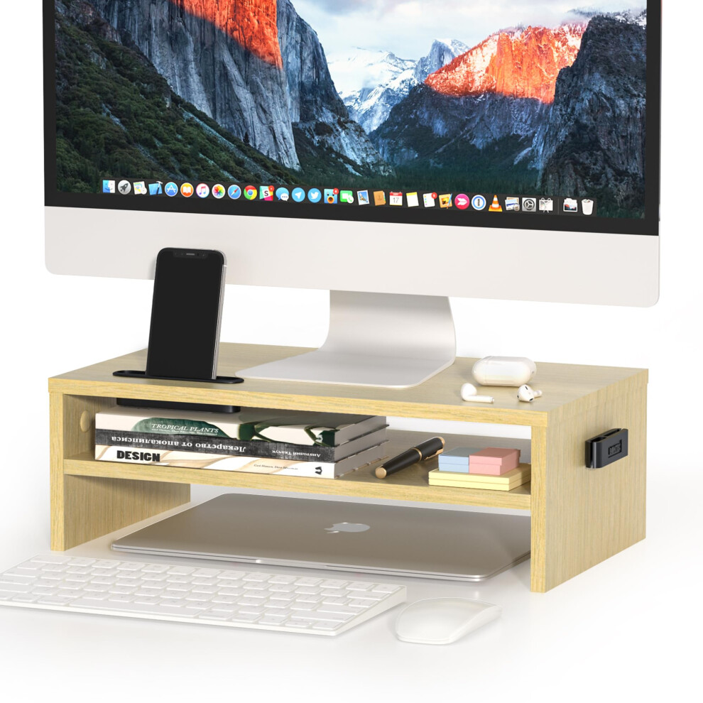 Bontec Wood Monitor Stand Riser, Desk Monitor Stand With Smartphone Holder, Ergonomic Laptop Stand With Cable Management For Computer, Notebook, Imac, 8000002708159