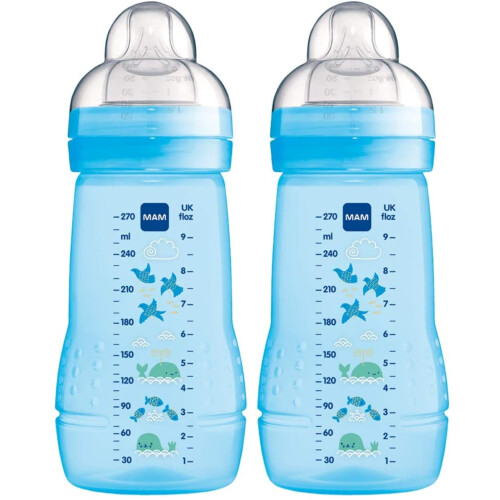 MAM MAM Easy Active Bottles | 2 Pack (2 x 270ml) | Medium Flow MAM Teats Size 2 | Baby Accessories | Blue (Various Designs)