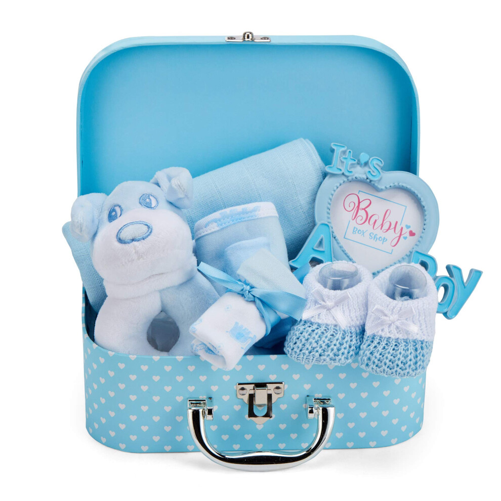 Newborn Baby Boy Gift Set - Premium Hamper With Dog Rattle, Photo Frame, Muslin Cloth, Booties, Bib, Mittens & Hat, Baby Shower Blue Baby Box Shop
