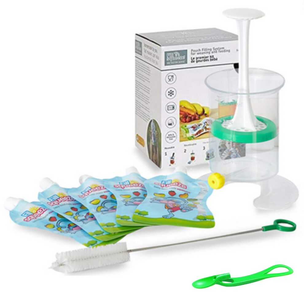 Homemade Food Pouch Filler Kit With 5 Reusable Pouches, Pouch Spoon & Cleaning Brush For Weaning, Baby Food, Toddler Snacks. Reusable Fill N Squeeze