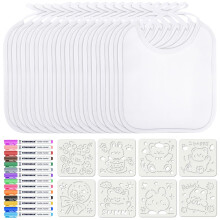 Aolso Baby Bibs for Painting, 14 Pieces Baby White Bibs, Waterproof Bibs for Baby with 14 Textile Pens and 8 Painting Stencils, Gift for Baby Shower