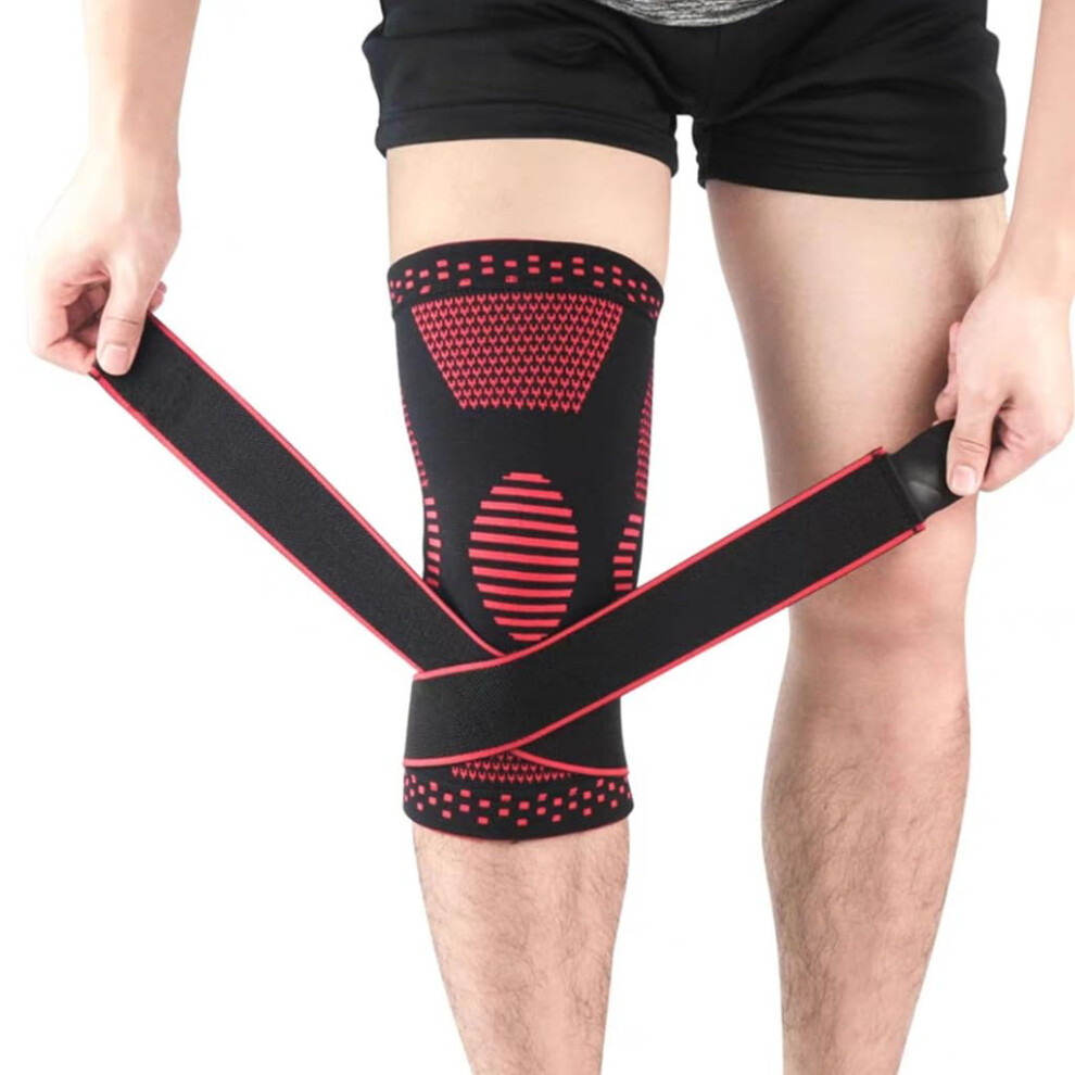 Black/Red Knee Brace With Strap For Compression Sleeve Joint Relief Running Xl