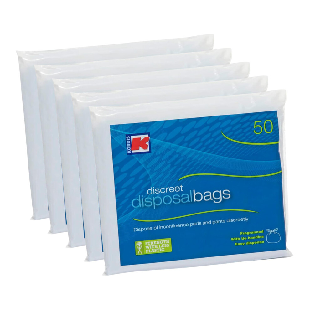 Kordis Large Adult Incontinence Disposal Bags - 5 X 50 Bags. Fragranced Nappy Sacks With Tie Handles - Disposable & Discreet. Hygienic Waste Disposal