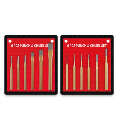 Masonry Chisel Set 6Piece Flat Chisels And Center Punch Tools For Stone Carving, Brickwork, Includes Storage Pouch (A)