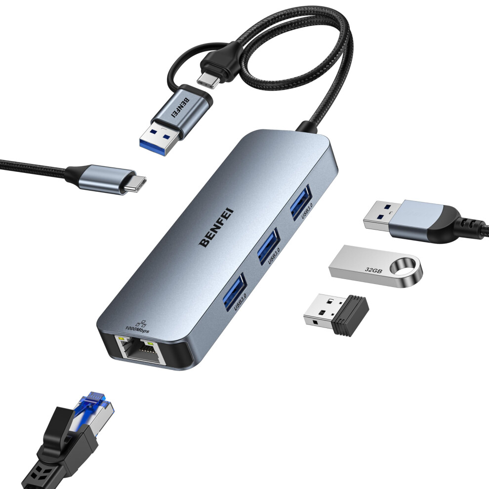 Benfei Usb-C Usb 3.0 To Gigabit Ethernet Adapter, 3-Port Usb 3.0 Hub With Rj45 & Dc 5V/2A Compatible With Macbook Pro/Air 2023, Ipad Pro, Imac, S23, 8000002707565