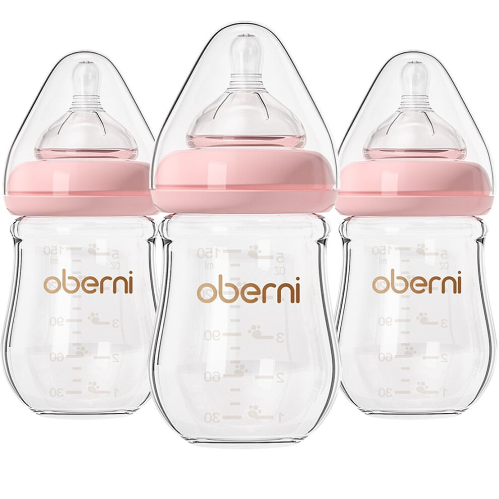 Anti-Colic Glass Baby Bottles With Slow Flow Breast-Like Silicone Teat, 150Ml, 0+ Months, Wide-Neck, /3Pack Pink Oberni