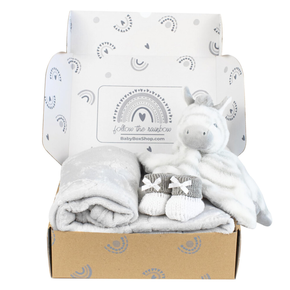 4 Baby Essentials For Newborn Unisex, Ideal As Baby Shower Gifts & Christening Gifts, Includes A Zebra Baby Comforter, Fleece Grey Baby Box Shop