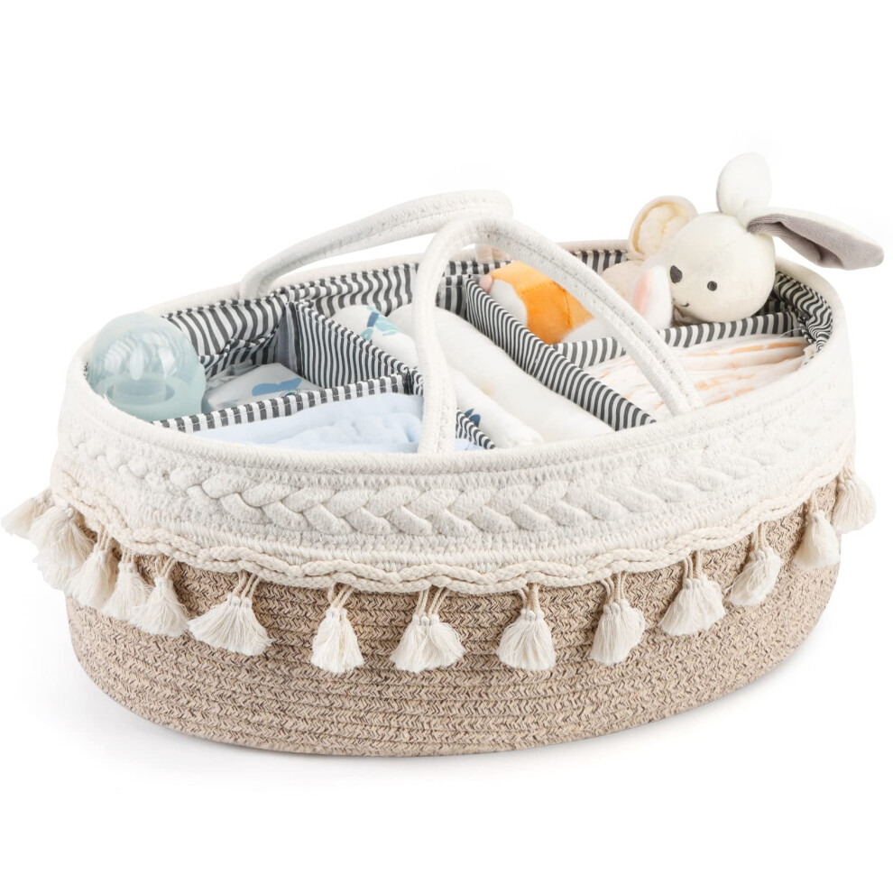 Maliton Nappy Caddy, Bohemian Large Cotton Rope Diaper Caddy, Sturdy Portable Nursery Baby With Detachable Compartments, Essentials For Newborn,