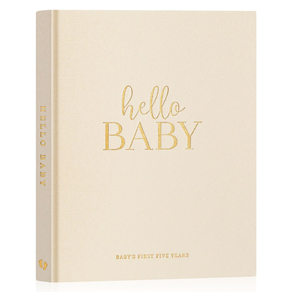 Hello Baby First 5 Year Memory Book For Boy Girl - Linen Hardcover Baby Book Keepsake For New Parents - Newborn Baby Journal Scrapbook Photo Lanpn