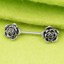 Tepelringen van chirurgisch staal, veilig materiaal, nikkel- en loodvrij, hypoallergeen, piercingsieraad met vintage gegoten rozenbloem, kleurecht.