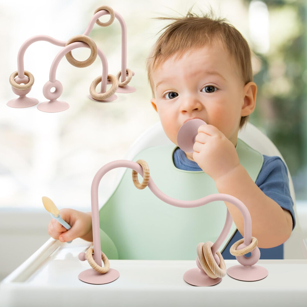 Aituitui Baby Teething Toys, Multi Purpose High Chair Suction Teether Toy For Toddler 3 Month+ Old, Sensory Toys With Wooden Ring Suitable For 0-6