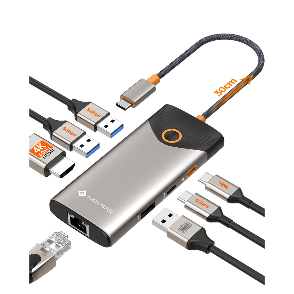Usb C Hub Ethernet, 7-In-1 Usb-C Hub Multiport Adapter With 1 Gbps Ethernet, 4K@60Hz Hdmi,100W Pd, 5Gbps Usb-A/C Data Ports Docking Station Compatible 8000002716956