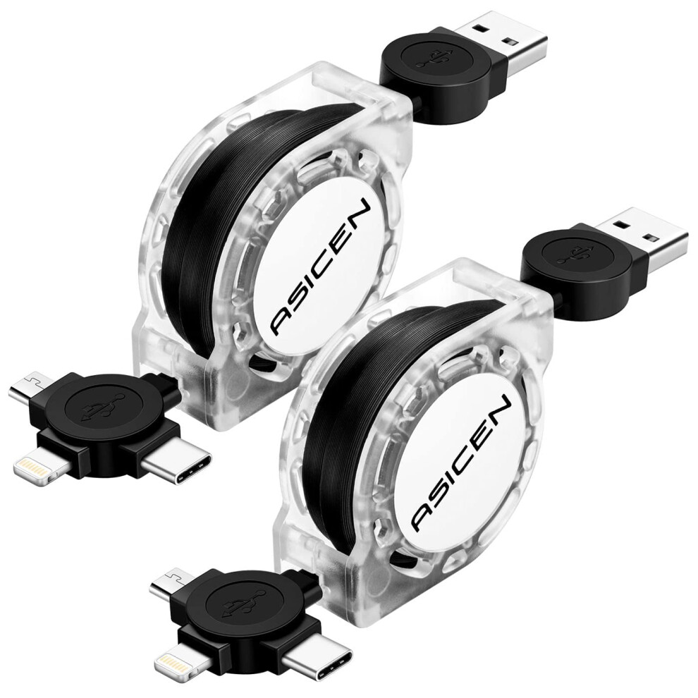 2 Pack Retractable Multi Fast Charging Cable, 3-In-1 Retractable Charging Cord [1M] Multi Charger Cable With Lightning/Type C/Micro-Usb For 8000002713184