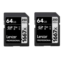 Lexar Professional 1667x SD Card 64GB 2-Pack, SDXC UHS-II Memory Card, Up to 250MB/s Read, 120MB/s Write, Class 10, U3, V60, for Professional