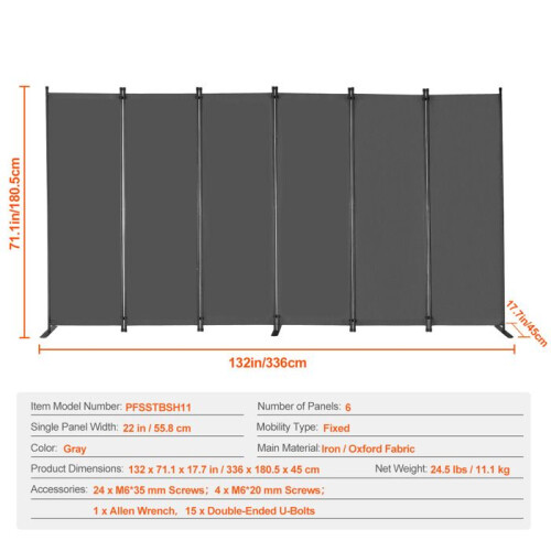 Scheidingswand - DUOKU - Vouwscherm - 6 Panelen - Grijs - Binnen 1