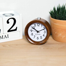 Retro Round Wooden Analog Alarm Clock, Natural Wood Tone With Unique Grain, Battery Operated Non-Ticking Silent Operation For Desk Or Bedside,
