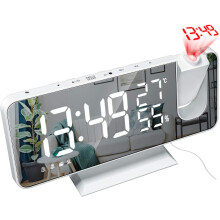 Projektionswecker mit einstellbarer Helligkeit, progressiver Lautstärkeregelung und Spiegelbildschirmanzeige, FM-Radio, USB-Ladeanschluss und