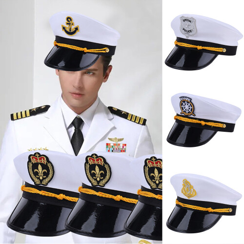 Chapeau de capitaine de mer-étiquette blanche ligne dorée 2