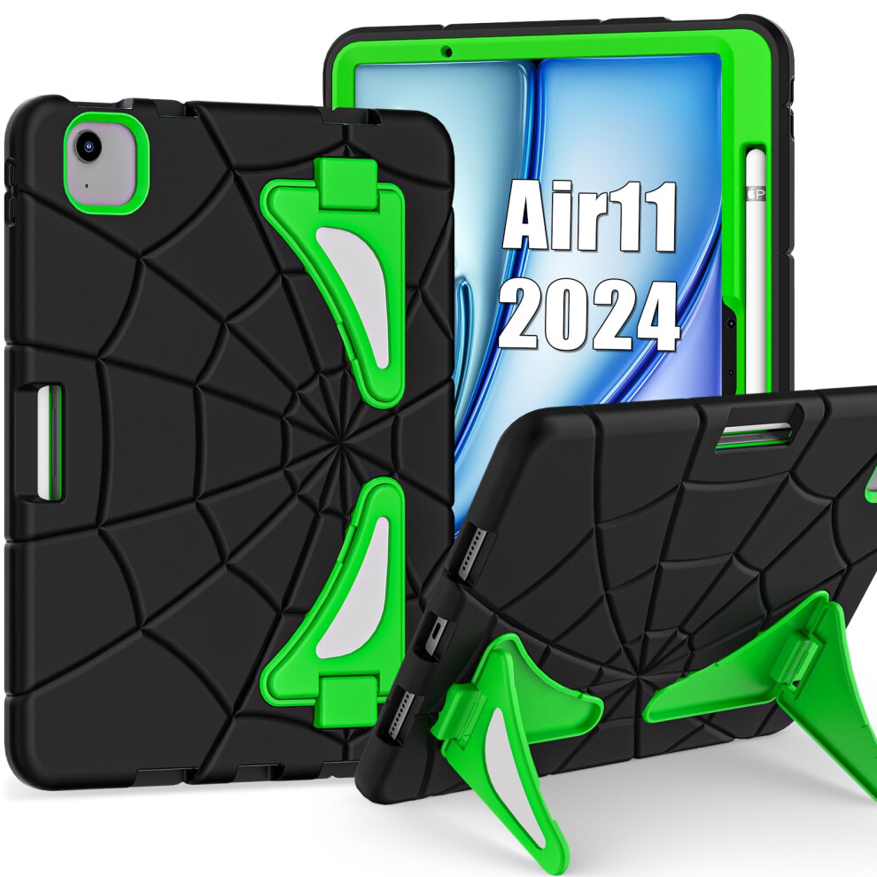 Kids Case For Ipad Air 11Inch M3 2025 / M2 2024 Kickstand Shockproof Hybrid Thickened Corner Protection Black/Green 9365049296762