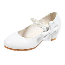 Kids PU Leather Princess Shoes with White Bow and Pearls for Girls, Heel, Indoor Trainers, Size 4 UK Child, White