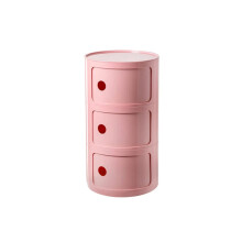 Round Bedside Table with 2/3/4 Shelves Plastic Storage Cabinet Drawer Sliding Door Nordic Style Pink 32x58cm