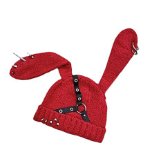 Chapeau tricoté avec ceinture à rivets Punk, avec oreilles-Rouge