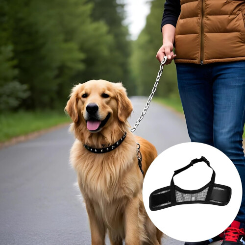 Adjustable Muzzle XL For Large Dogs  Secure Strap Polyester Mesh Black Fits Snout 2228 Cm 1