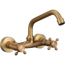 360 Swivel Kitchen Faucet Vintage Brass Wall Mounting with Hot and Cold Water Sink Mixer with Double Control Plum Cross Steering