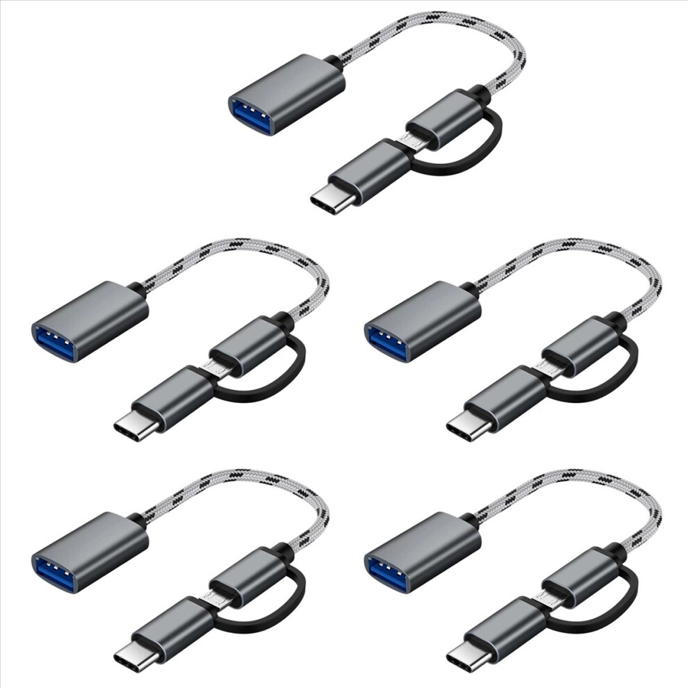 5X 2 In 1 Usb Otg Cable Type-C/Micro-Usb To Usb 3.0 Adapter Braided Designed Data Transfer Cable For Andriod Phone(Grey) Grey 4853239031330