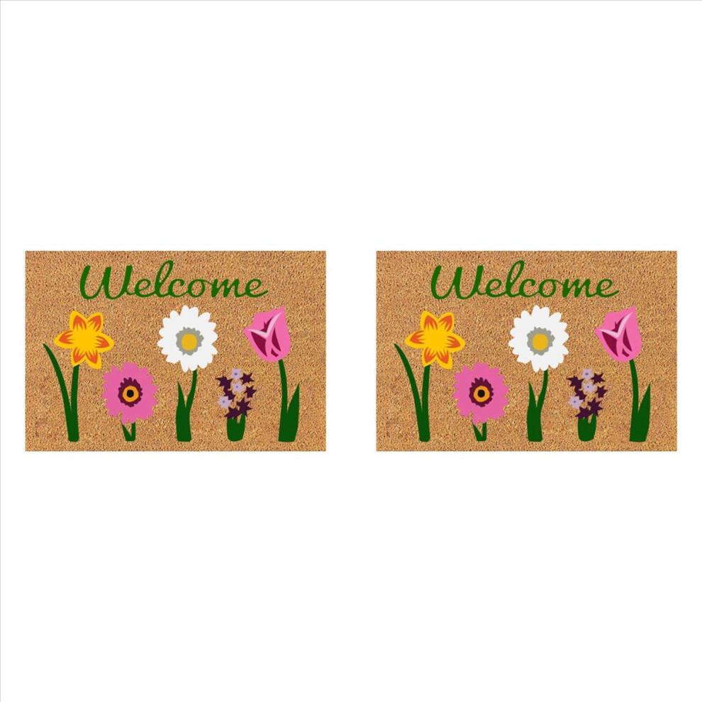 2X Welcome Floral Coir Doormat for Indoor Outdoor the Outdoor Mat for Entryway Outside Yard Home Decoration