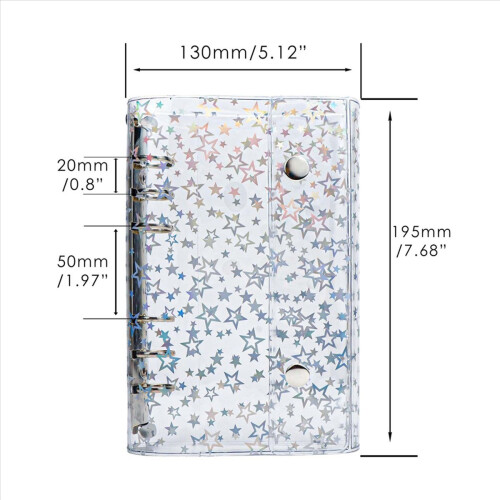 2X A6 Budget Binder Cover Clear PVC 6 Ring Binder Glitter Star Refillable Notebook Shell Protector with 2 Snaps 1