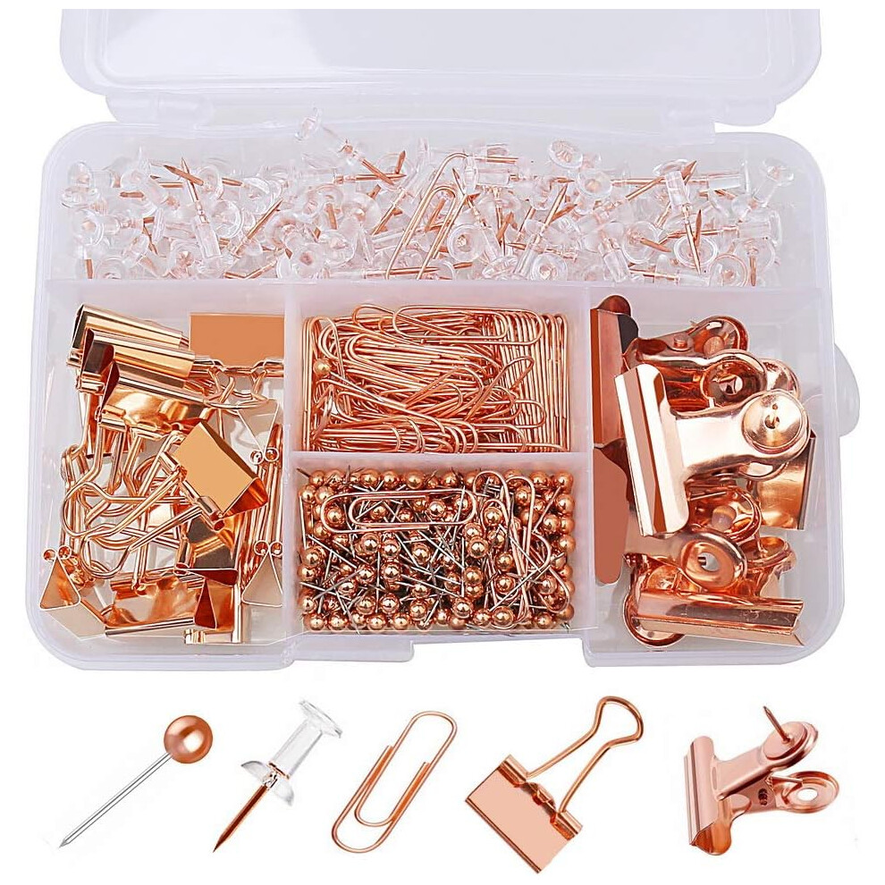A Poetic Symphony Of Office Tools, Rose Gold Binder Clips, Decorative Thumb Tacks, And Round Head Pins, Stainless Steel Desktop Organization In An Art 9198585143548