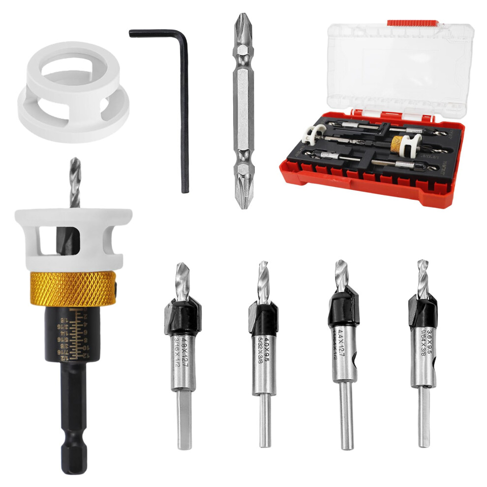 Countersink Drill Bits Set Low Friction Depth Stop, 1/4 Quickchange Hex Shank, Replaceable Hss Pilot Bit For Woodworking 9365049306379