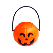 Secchiello a forma di zucca per Halloween, ideale per dolcetto o scherzetto, contenitore portatile creativo per caramelle, colore arancione.