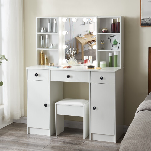 Vanity Makeup Desk & Mirror 3 Drawers Stool Set 1