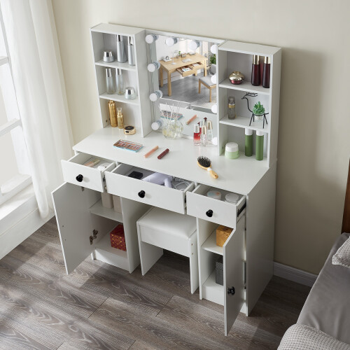Vanity Makeup Desk & Mirror 3 Drawers Stool Set 2