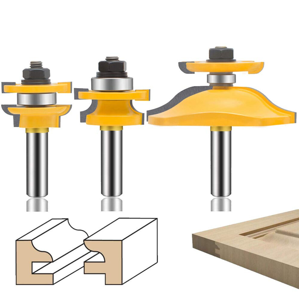 Router Bit Set 1/2Inch Shank 3Pcs Doublesided Carbide Bits Round Over Raised Panel Ogee Rail Stile Tongue Groove 9365049310390